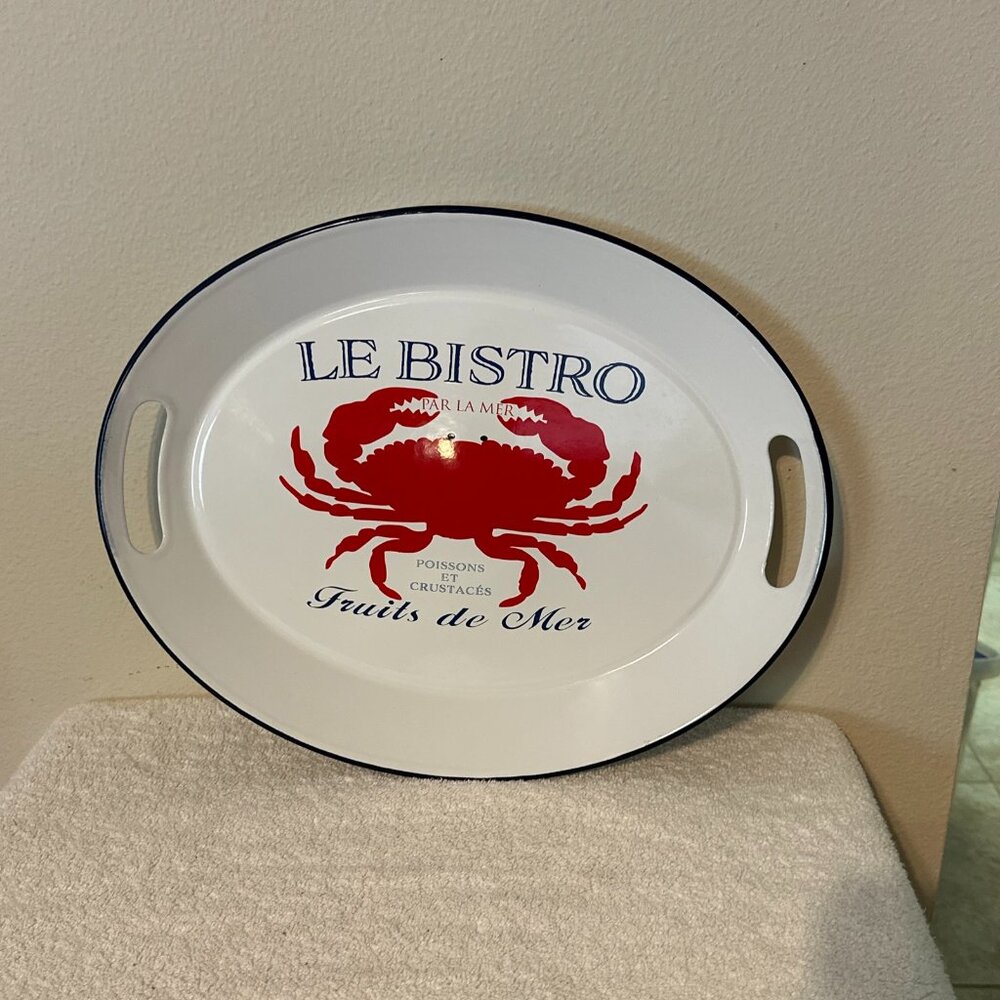 Seafood Le Bistro Enameled Red Crab Fruits De Mer Handles Oval Serving Tray 16"